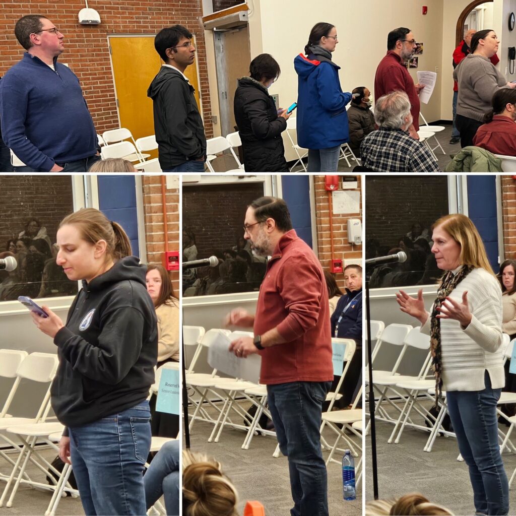 A collage -- on top, a long line of people line up for a turn at the microphone. A few people are still seated in the foreground. On the bottom, individual photos of people speaking at the mic.