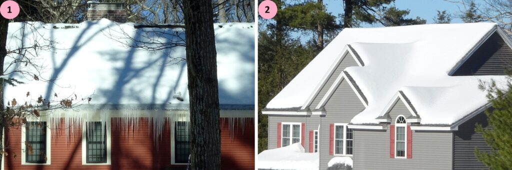 Composite photo: On the left a red house with a snowy roof and large icicles along the entire length of the roof. On the right, another house, covered in snow, but no icicles.