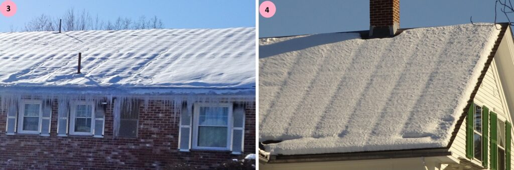 Composite photo: On the left, a roof where you can clearly see the ribbing on the roof, showing where the heat froom the house has melted the snow (and turned it into iclcles along the roof). On the right, the roof shows a little bit of compression where the rafters are; but most of the roof is still snow-covered, showing that the heat has not escaped the house.
