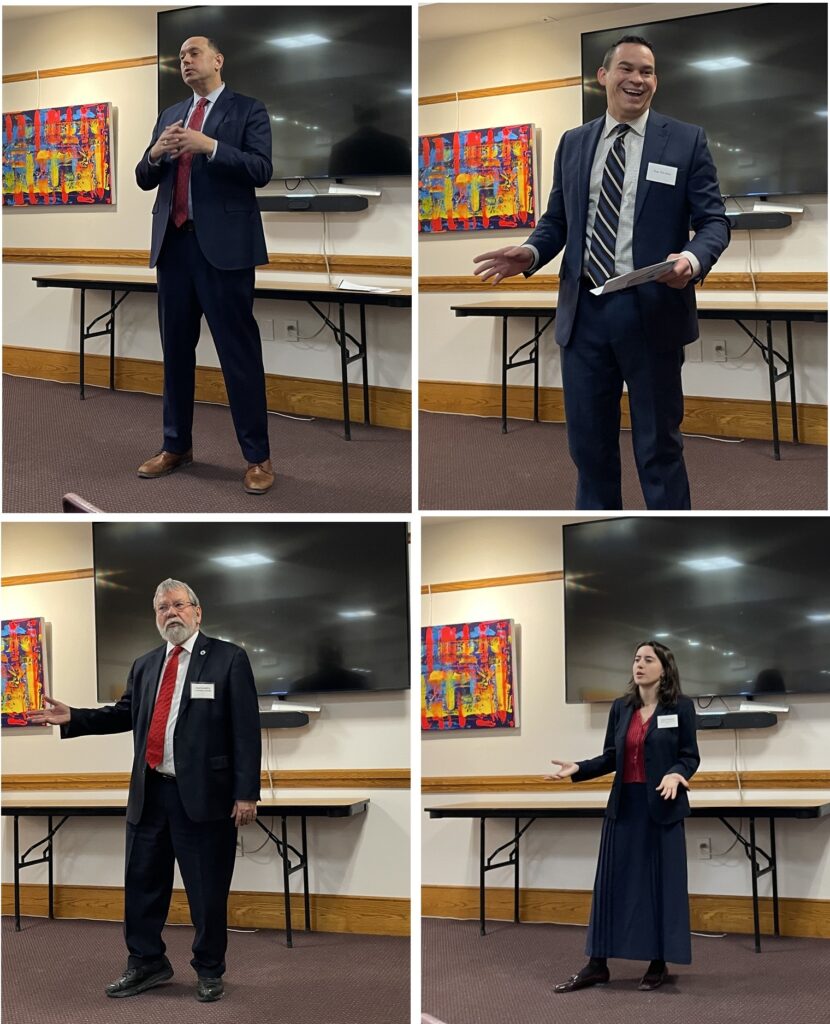 Composite photo: Three men and young woman wearing suits stand in front of the room at the Acton Memorial Library.