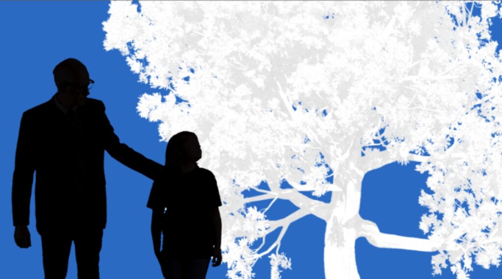 Artistic rendering. Against a deep blue background, a man and girl are shown in black silhoutte on the left side of the frame, while a blossoming tree is depicted in white and grey on the right side of the frame.
