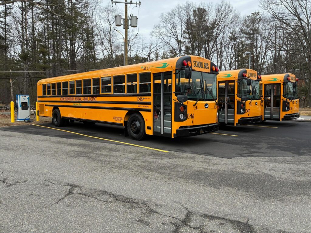 Acton’s new electric buses are almost ready to roll. One way to tell that they’re electric is that the bluebird logo is green. Photo: David Martin