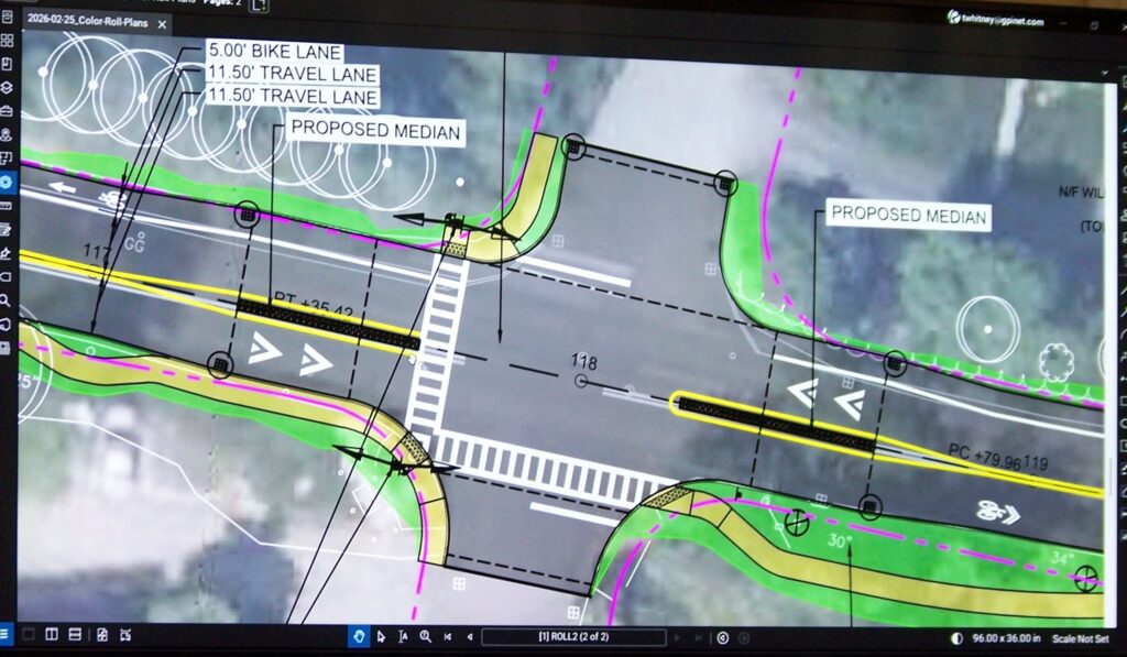 A drawing of proposed changes to improve safety for the corner of Concetta Circle and Parker Street. Changes include a median strip, sidewalks, and other design changes.
