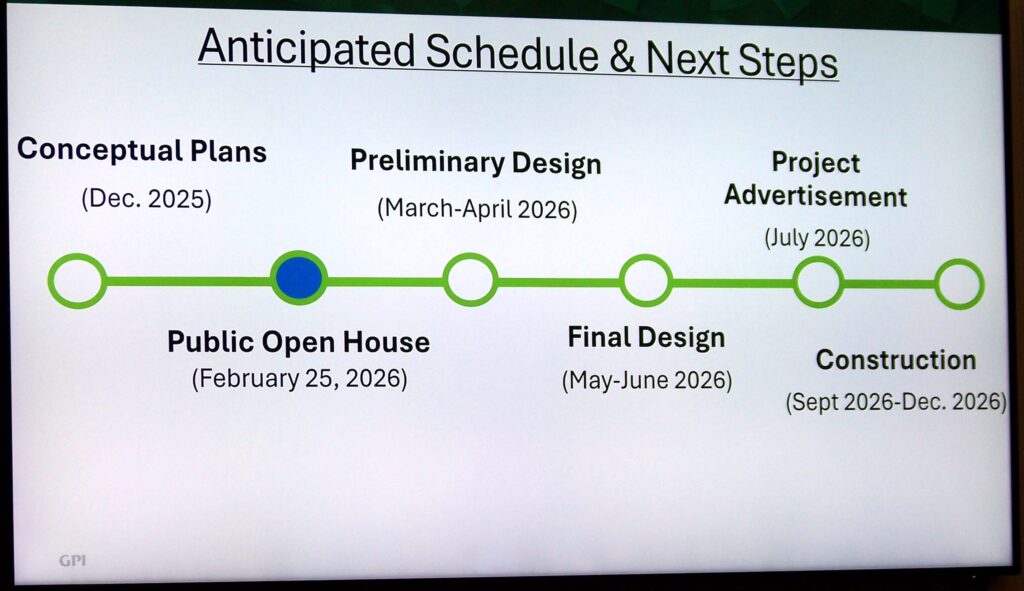A screenshot of the anticipated schedule with preliminary design in March and April, final design by the end of June, and construction from September - December 2026.