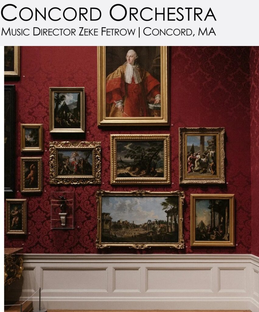 At the top, the words "Concord Orchestra," Music Director Zeke Fetrow | Concord, MA. At the bottom, a red room with a large number of paintings hung on the wall.