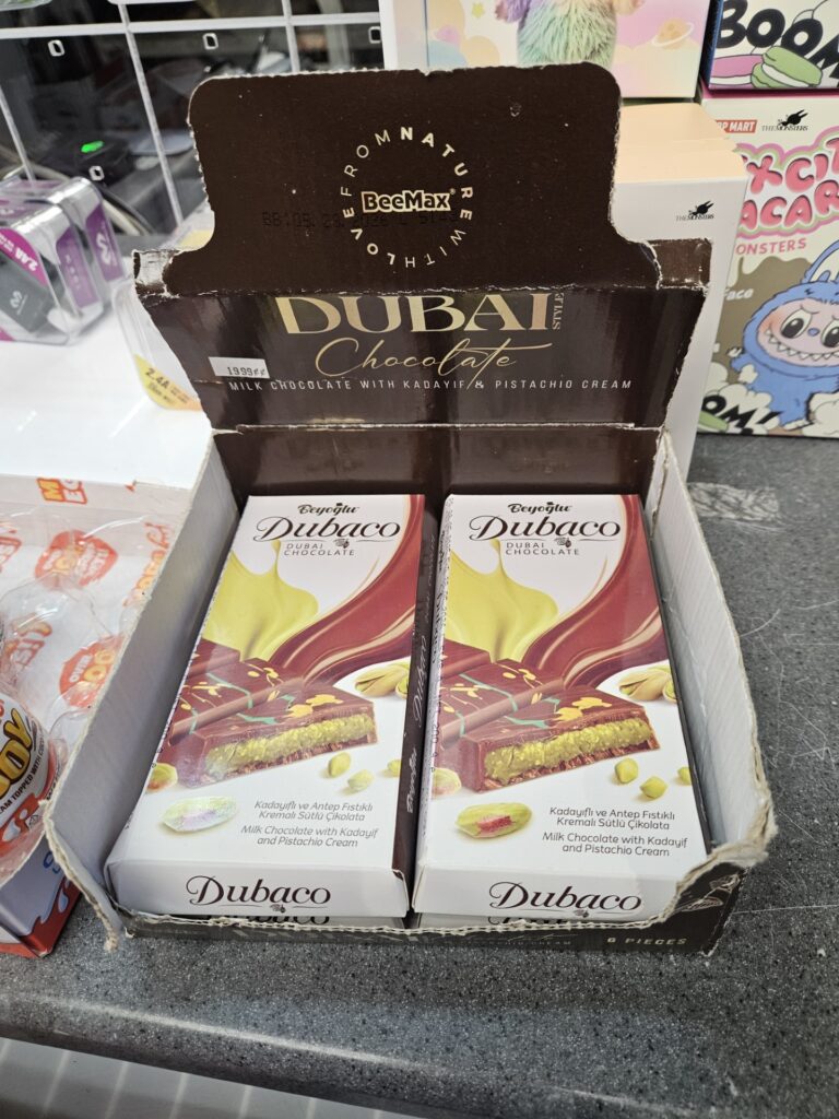 An almost empty box of Dubai Chocolate.