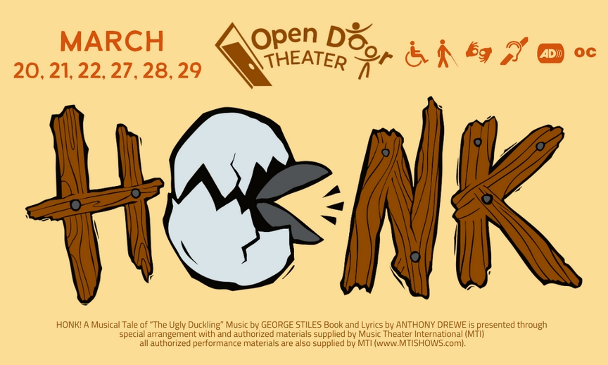 The word HONK is made of nailed wooden planks. The letter “O” is a hatching egg with a duckling’s beak sticking out of the shell shouting “Honk”. Original logo artwork by Nala J. Wu