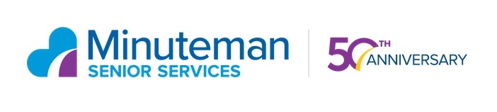 A blue, white, and purple heart next to the text for Minuteman Senior Services in blue text. On the right, purple and blue text read 50th Anniversary; a yellow arc is on the 0 of 50.