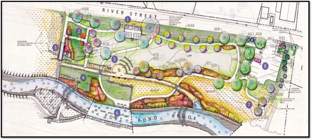 A drawing of the park with numbered areas showing various elements of the park that include a stone amphitheater, accessible walking paths, and a rehabilitated wheelhouse.